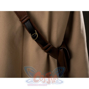Grogu cosplay costume layers a tan woolen robe with a brown faux leather crossbody bag secured by a metal buckle piece.