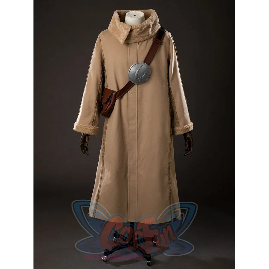 Grogu cosplay costume gathers warm sherpa fleece around the collar while a faux leather crossbody bag rests over the robe.