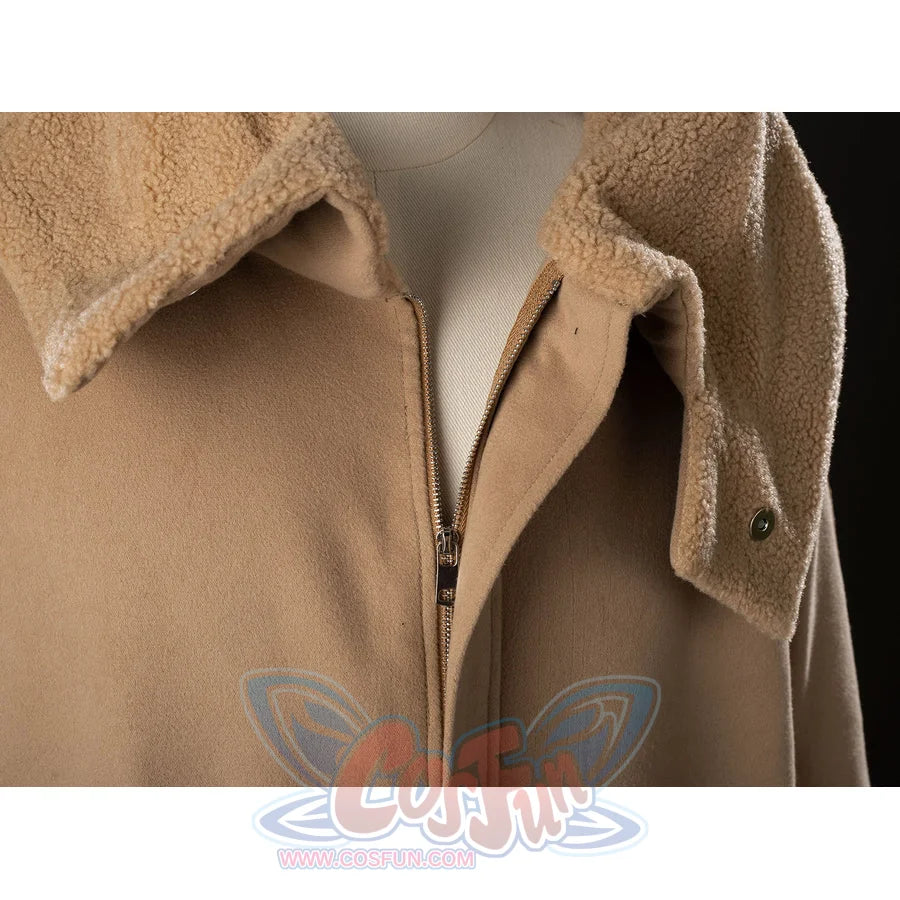 Grogu cosplay costume layers tan woolen fabric with a soft sherpa fleece collar and a functional metal center zipper.