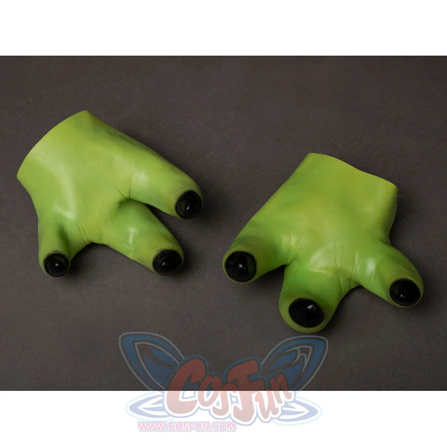 Grogu cosplay headpiece and claws curve into three green finger shapes with smooth latex texture and dark rounded tips.