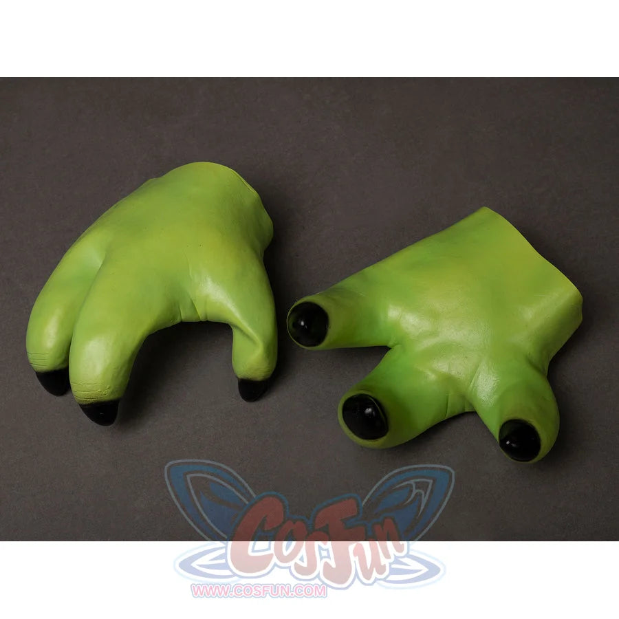Grogu cosplay headpiece and claws curve into three-fingered shapes with smooth light green textures and black tips.