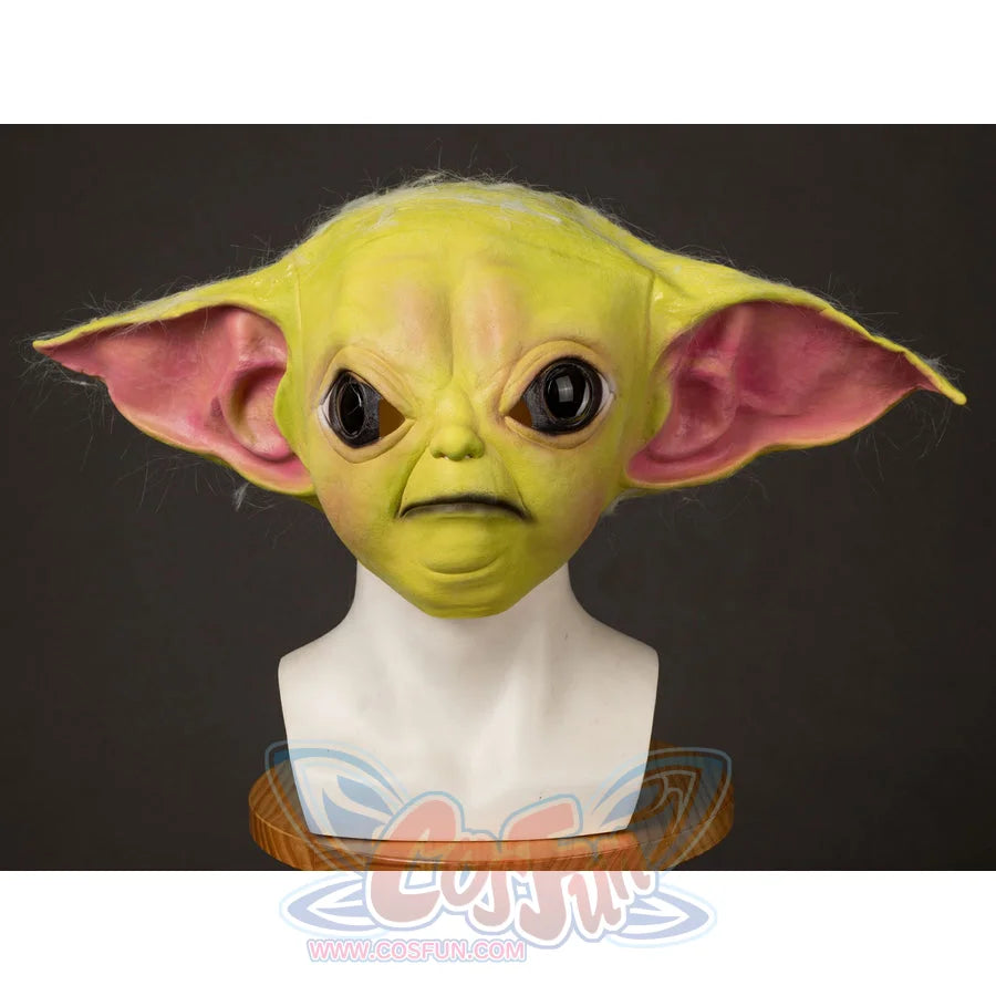 Grogu cosplay headpiece and claws curves over the ears with green skin texture and fine wispy hair strands throughout.