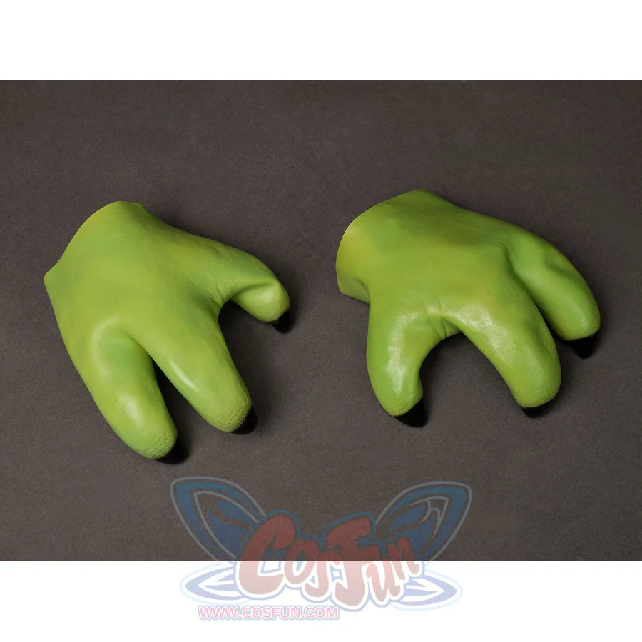 Grogu cosplay headpiece and claws curve into three-fingered shapes with pointed black tips made of textured green latex.