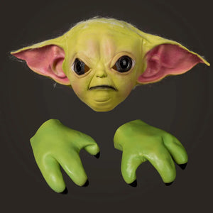 COSFUN Grogu cosplay headpiece and claws define this green latex set with realistic textures and large pointy ears.