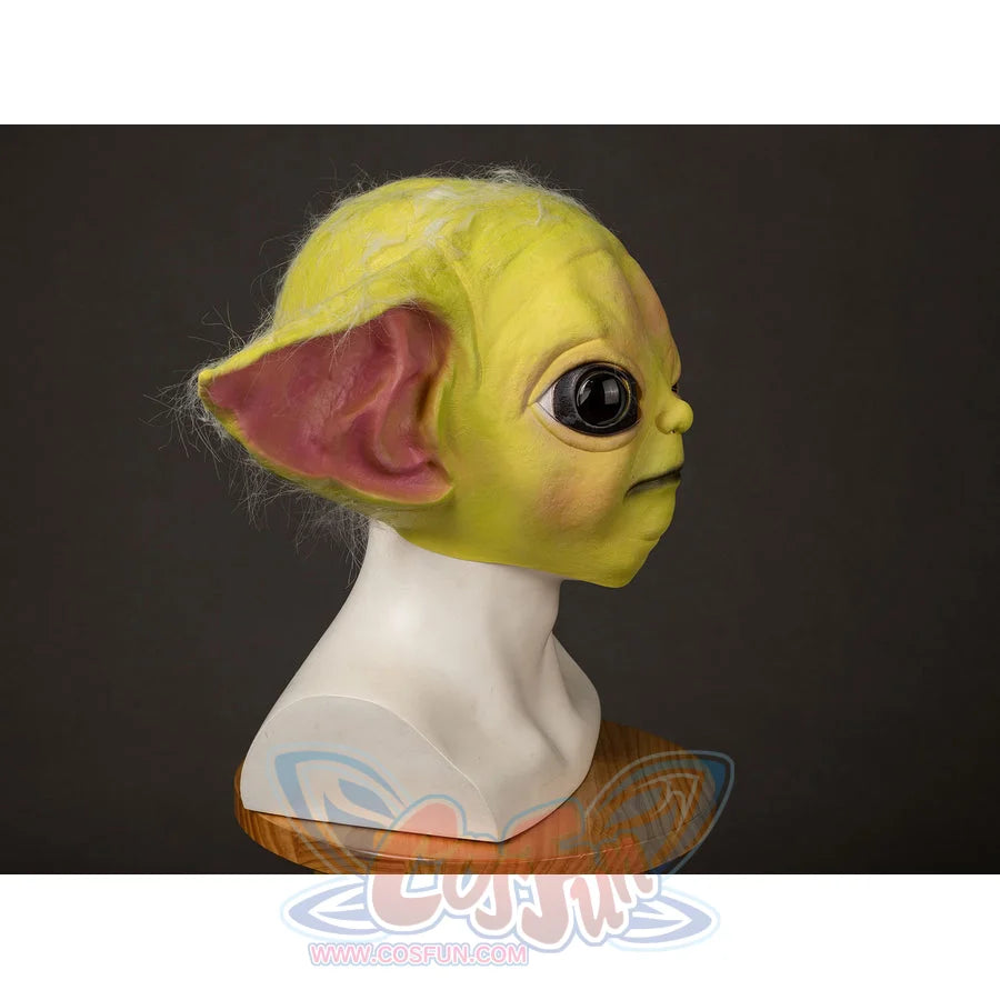 Grogu cosplay headpiece and claws curve into a lifelike alien shape with textured green skin and wispy synthetic hair.