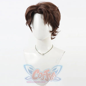 Angled front view of Gustave cosplay wig from Clair Obscur Expedition 33 with side-swept bangs and brown layers
