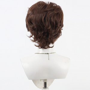 Back view of Gustave cosplay wig from Clair Obscur Expedition 33 with short brown layered curls and textured ends