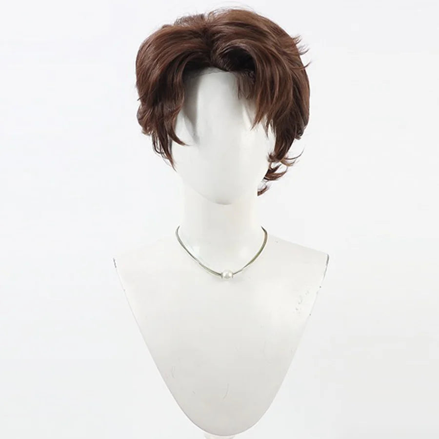 Front view of Gustave cosplay wig from Clair Obscur Expedition 33 with short brown layered hair and curled ends