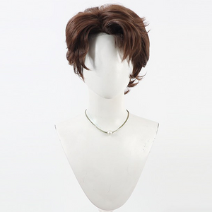 Front view of Gustave cosplay wig from Clair Obscur Expedition 33 with short brown layered hair and curled ends