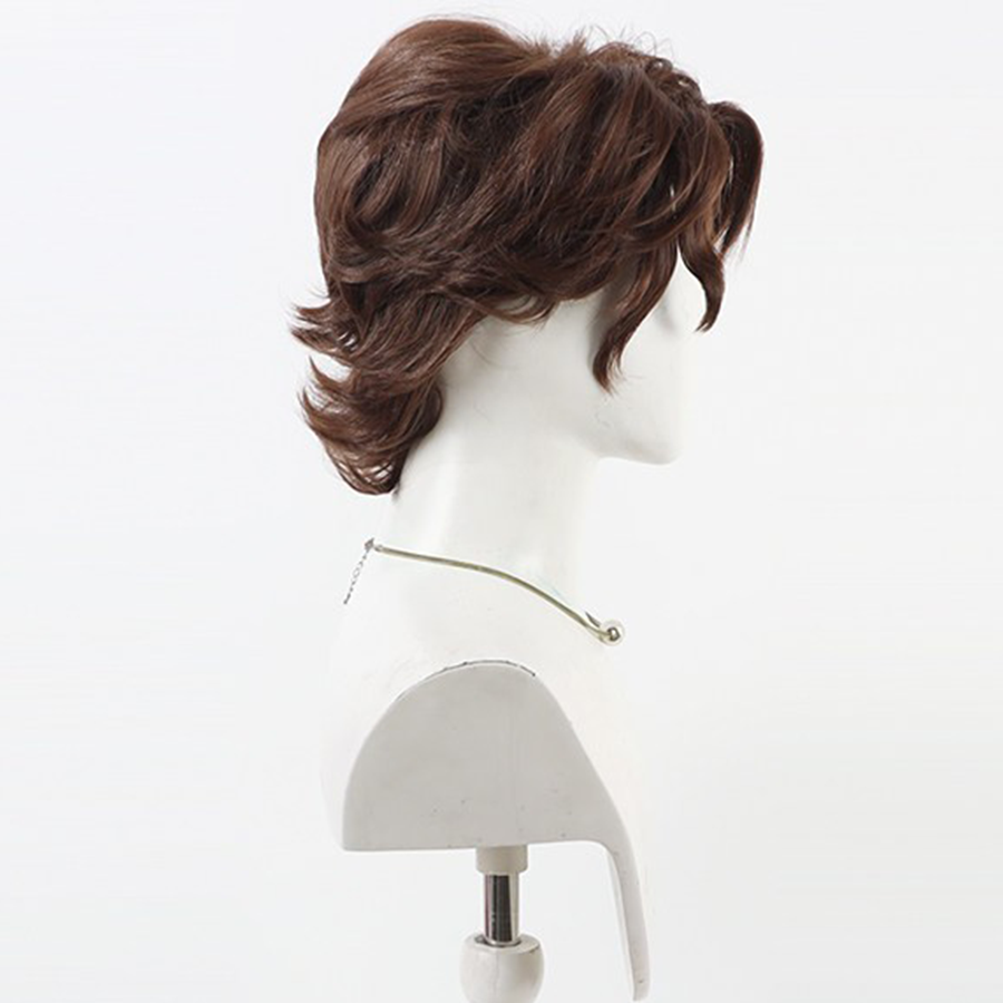 Side view of Gustave cosplay wig from Clair Obscur Expedition 33 with brown waves, side bangs, and nape curls