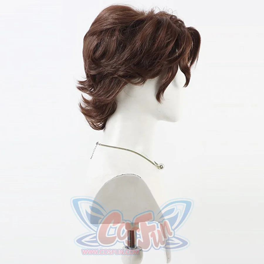 Front view of Gustave cosplay wig from Clair Obscur Expedition 33 with short brown layered hair and curled ends