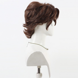 Side view of Gustave cosplay wig from Clair Obscur Expedition 33 with brown waves, side bangs, and nape curls