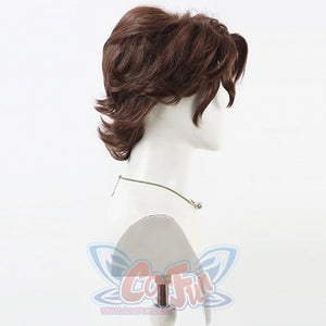 Side view of Gustave cosplay wig from Clair Obscur Expedition 33 with brown waves, side bangs, and nape curls