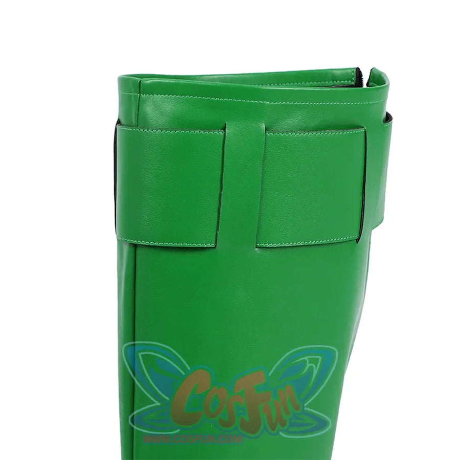 Green Lantern Guy Gardner cosplay boot cuff detail focuses on the squared green upper and side flap