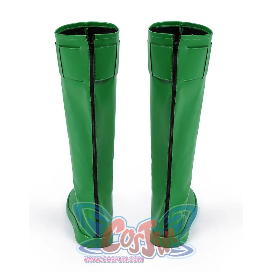 Green Lantern Guy Gardner cosplay boots back view shows vertical rear seams and smooth green PU leather