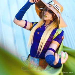 Anime Gyro Zeppeli cosplay costume frames the tan hat over the green cloak and purple top in an upper-body view.