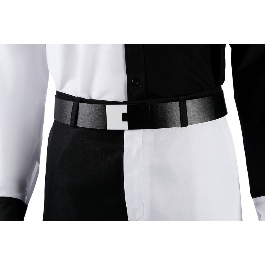 Harvey Dent Two-Face cosplay belt detail centers a black strap across the divided shirt and pants.
