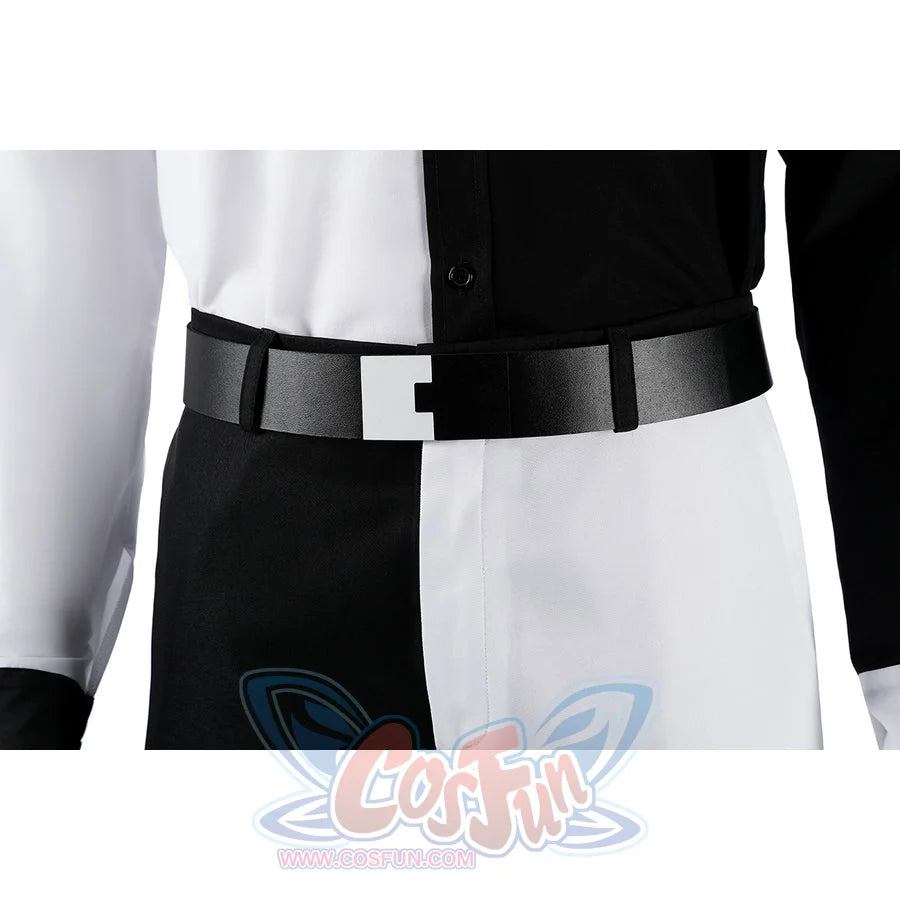 Harvey Dent Two-Face cosplay belt detail centers a black strap across the divided shirt and pants.