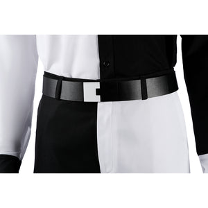 Harvey Dent Two-Face cosplay belt detail centers a black strap across the divided shirt and pants.