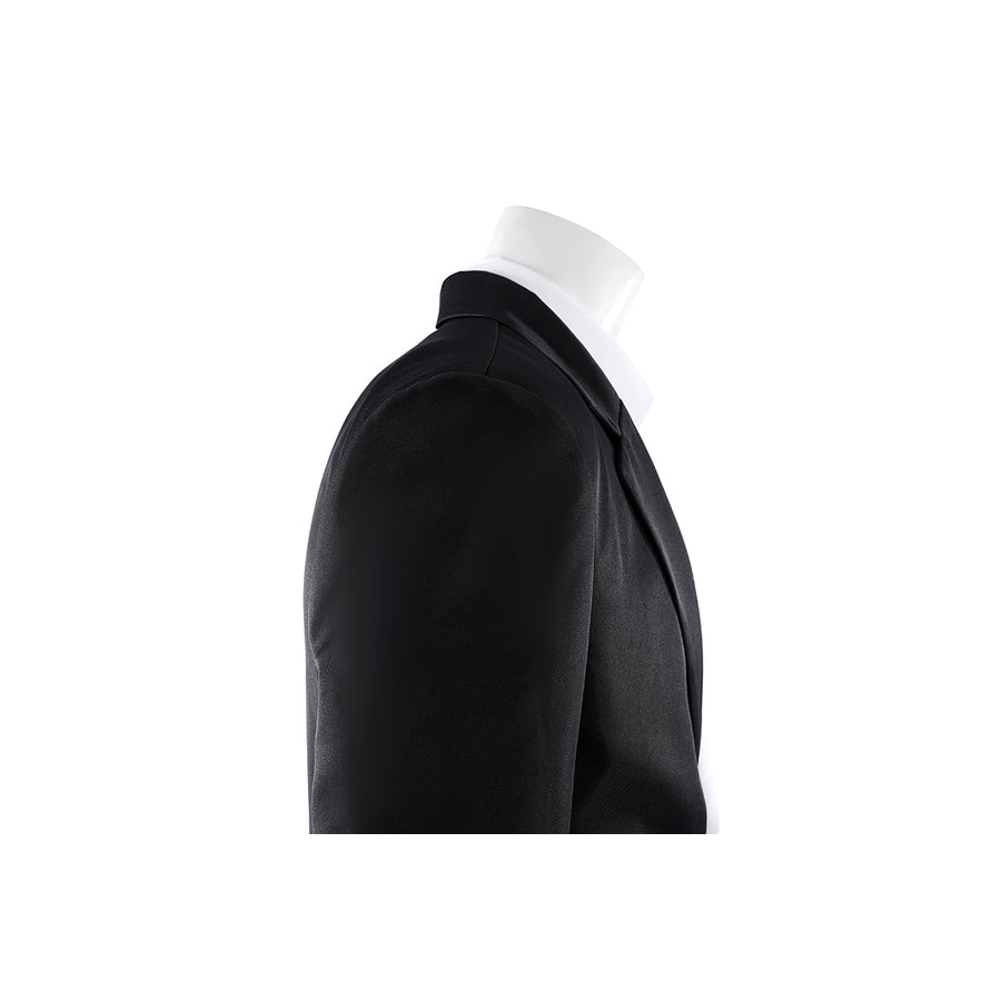 Harvey Dent Two-Face cosplay shoulder detail follows the black jacket sleeve into the split lapel.