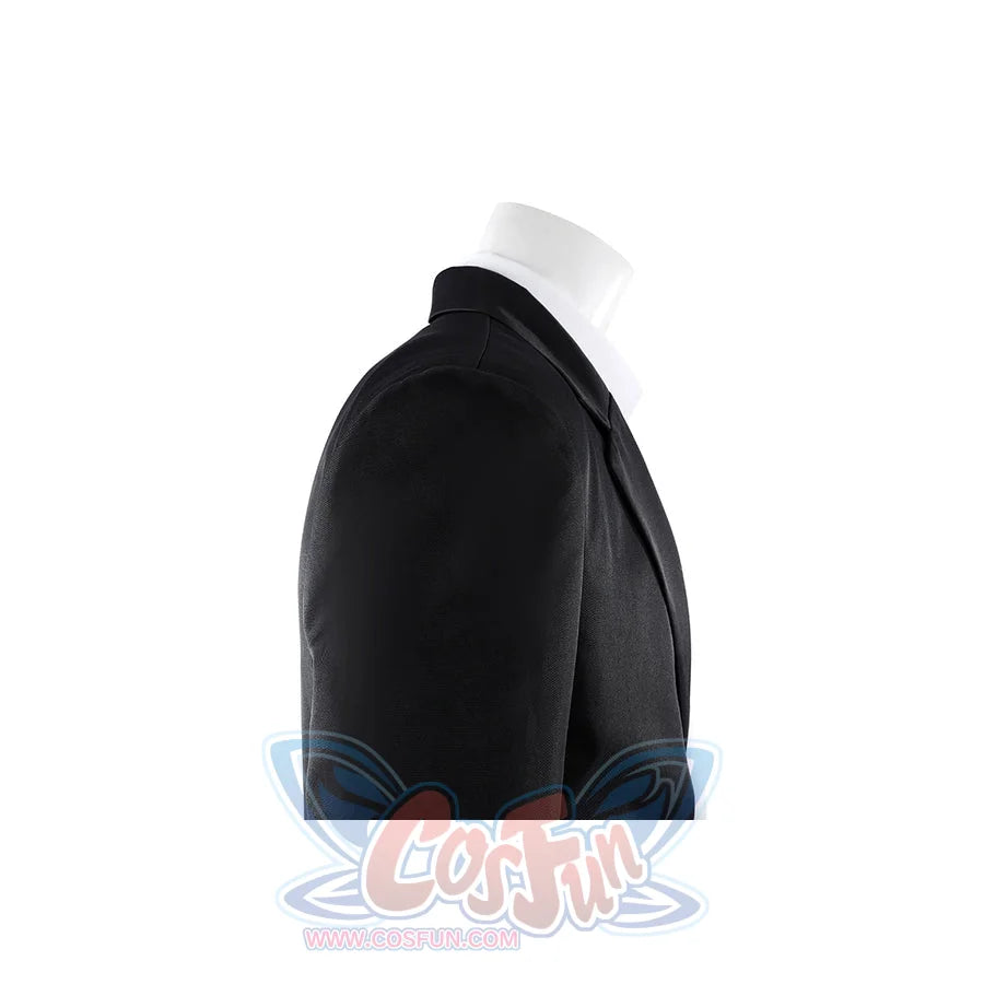 Harvey Dent Two-Face cosplay shoulder detail follows the black jacket sleeve into the split lapel.