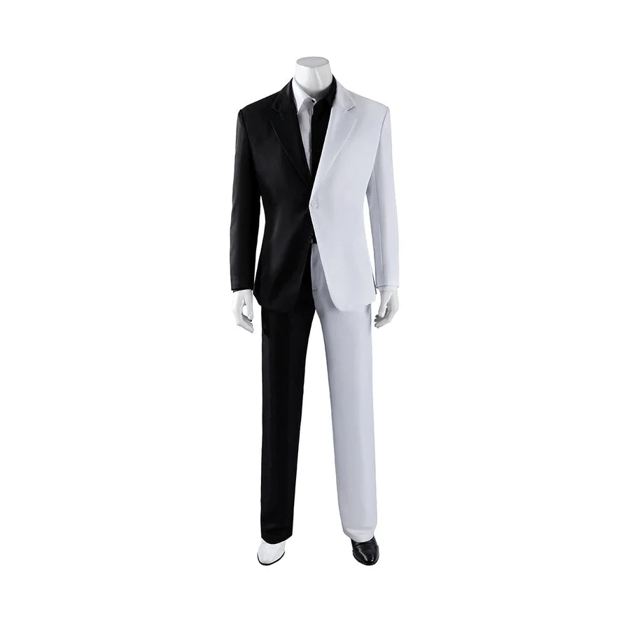 COSFUN Harvey Dent Two-Face cosplay costume front view splits black and white tailoring across jacket and pants.