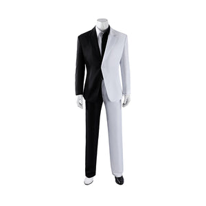 COSFUN Harvey Dent Two-Face cosplay costume front view splits black and white tailoring across jacket and pants.