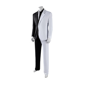 Harvey Dent Two-Face cosplay costume angled view balances black and white blazer halves over matching pants.
