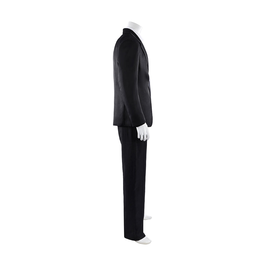 Harvey Dent Two-Face cosplay costume side profile keeps the black suit half clean and tailored.
