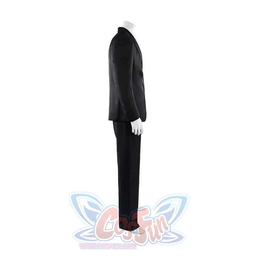 Harvey Dent Two-Face cosplay costume side profile keeps the black suit half clean and tailored.