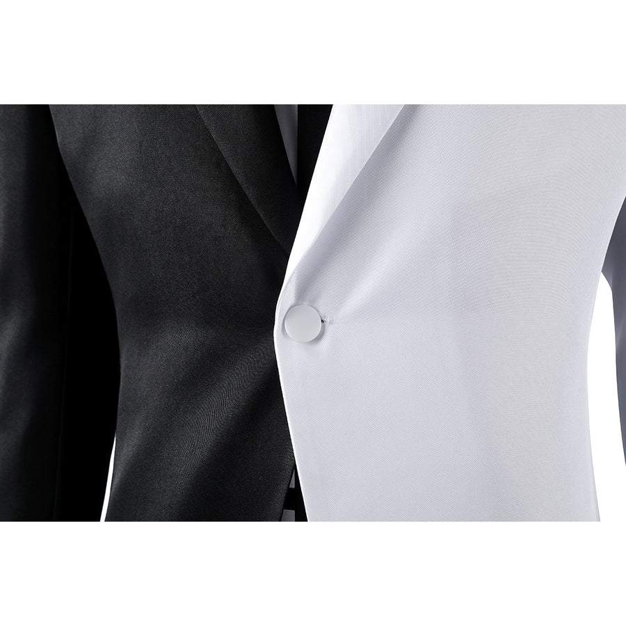 Harvey Dent Two-Face cosplay blazer close-up sets a white button between split black and white lapels.