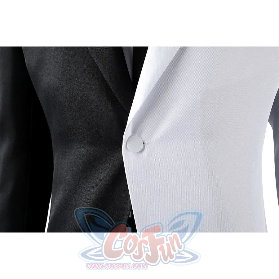 Harvey Dent Two-Face cosplay blazer close-up sets a white button between split black and white lapels.