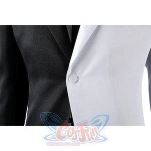 Harvey Dent Two-Face cosplay blazer close-up sets a white button between split black and white lapels.