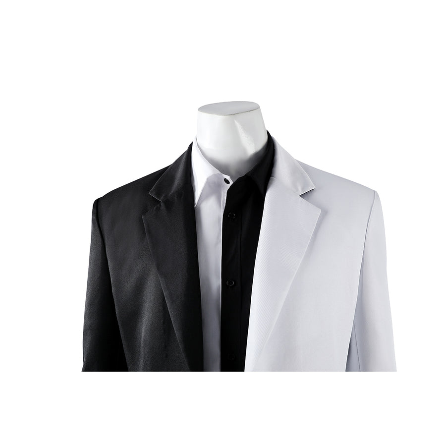 Harvey Dent Two-Face cosplay shirt close-up layers black and white collar panels over the jacket.