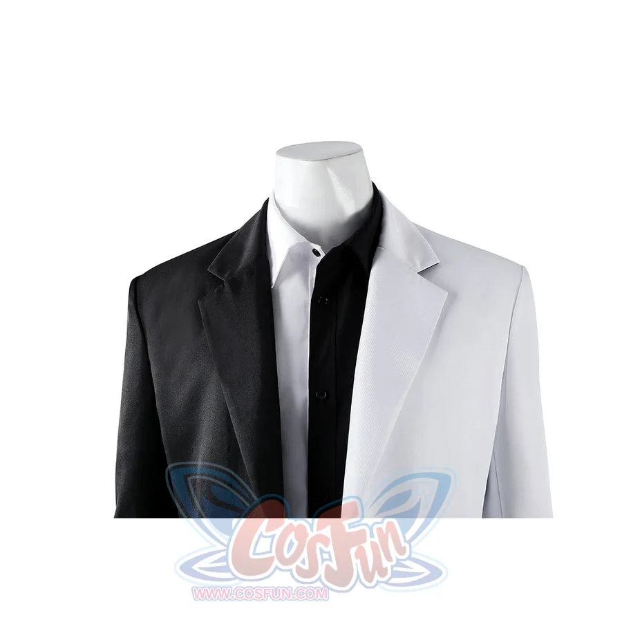 Harvey Dent Two-Face cosplay shirt close-up layers black and white collar panels over the jacket.