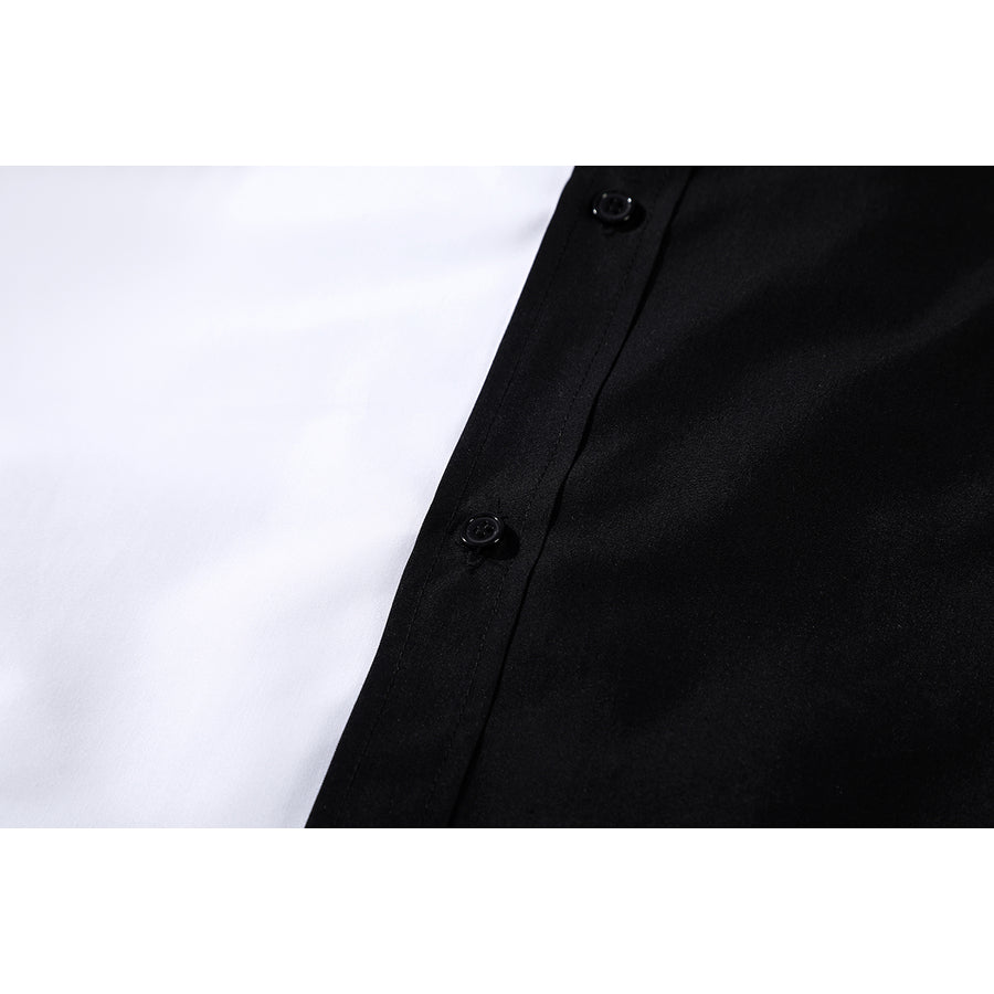 Harvey Dent Two-Face cosplay shirt button detail follows the diagonal split between black and white fabric.