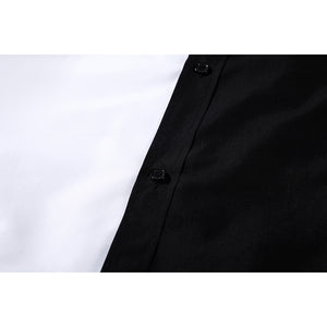 Harvey Dent Two-Face cosplay shirt button detail follows the diagonal split between black and white fabric.
