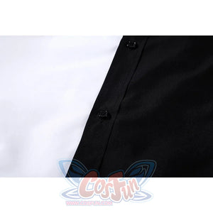Harvey Dent Two-Face cosplay shirt button detail follows the diagonal split between black and white fabric.