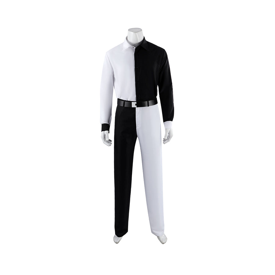 Harvey Dent Two-Face cosplay costume front view lines a black belt across the split suit.