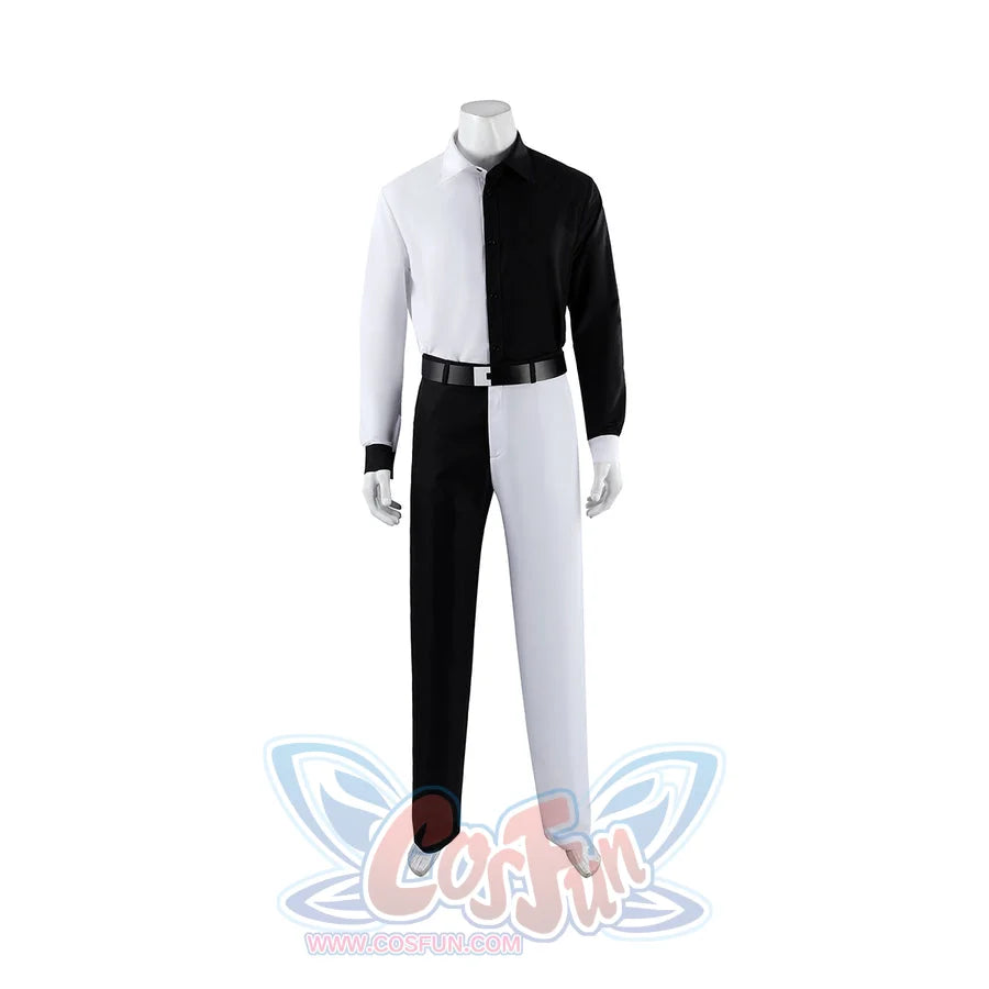 Harvey Dent Two-Face cosplay costume front view lines a black belt across the split suit.