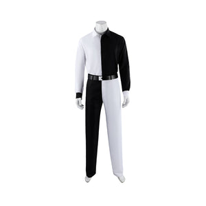 Harvey Dent Two-Face cosplay costume front view lines a black belt across the split suit.