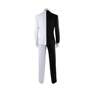 Harvey Dent Two-Face cosplay costume back view divides white and black jacket panels above split pants.