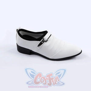 Harvey Dent Two-Face cosplay white shoe side view layers vamp bands below a small buckle.