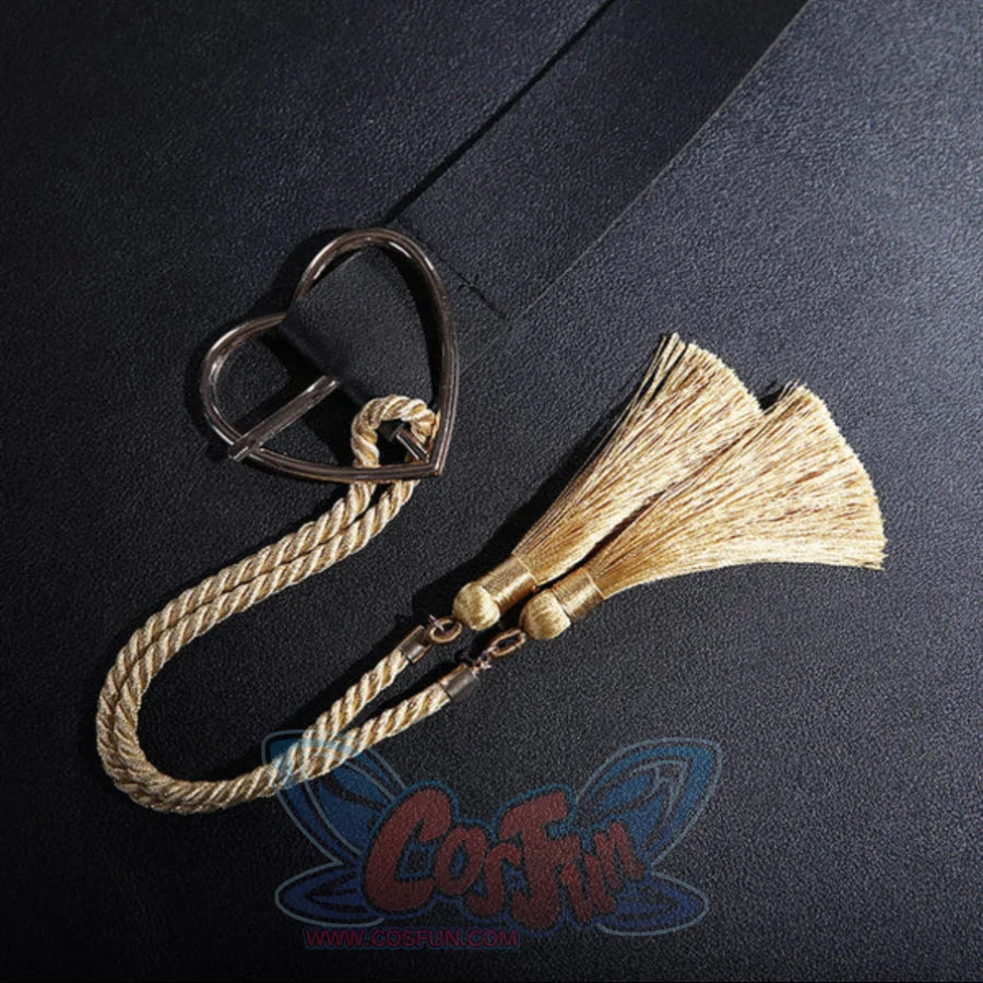 Hazbin Hotel Alastor Valentine cosplay costume anchors a heart shaped metallic buckle with ornate gold-tone tasseled cords.