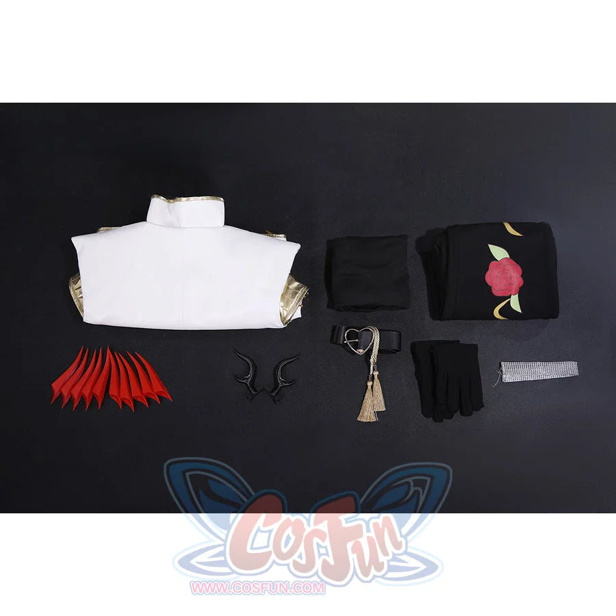 Hazbin Hotel Alastor Valentine cosplay costume includes a white jacket paired with a floral black pant set and accessories.