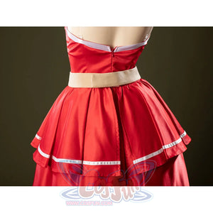 Close-up of Charlie Morningstar prom dress back waist with zipper closure, beige waistband and white trimmed panels