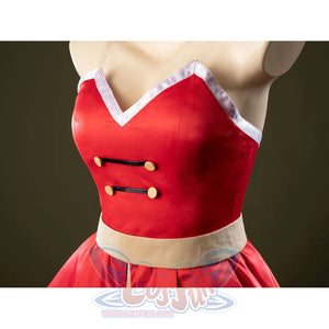 Detail of Charlie Morningstar prom dress bodice with red satin panels, white trim, gold buttons and beige waist