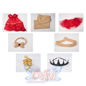 Flat lay of Charlie Morningstar costume set with dress, trousers, ballet petticoat, neckband, waist corset, crown and snake bracelet
