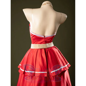 Back view of Charlie Morningstar prom dress with open back, zipper seam, beige waistband and layered overskirt