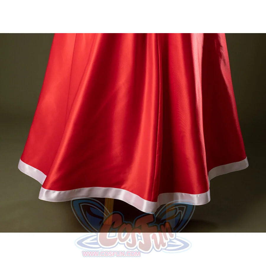 Close-up of Charlie Morningstar prom dress hem with flared red satin skirt, white trim and smooth finish